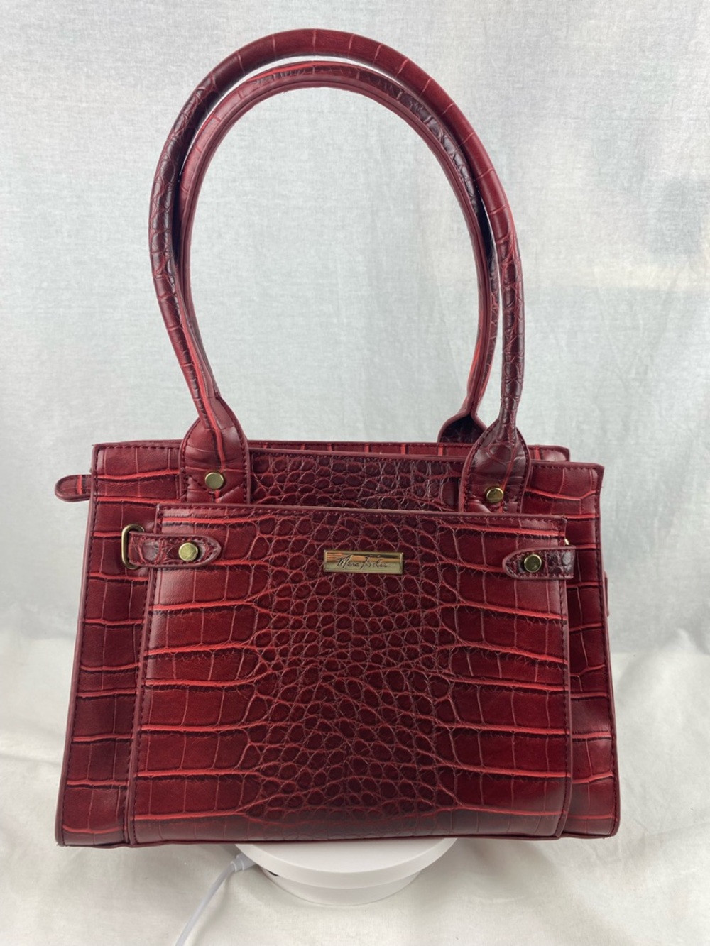 Marc Fisher Croc-Embossed Red Satchel with Gold Accents